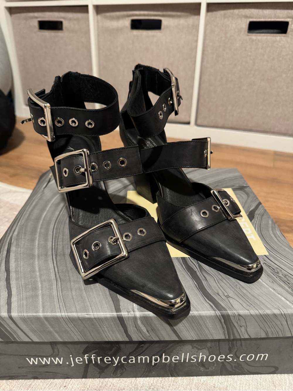 Jeffrey Campbell Black Pointed Buckle Ankle Strap Heels